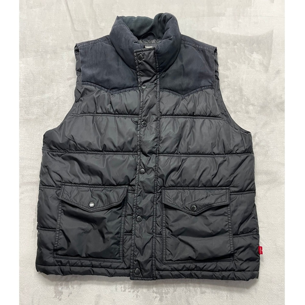 Levi's Puffer Vest Mens Medium Black Western Yoke Quilted Sleeveless Jacket